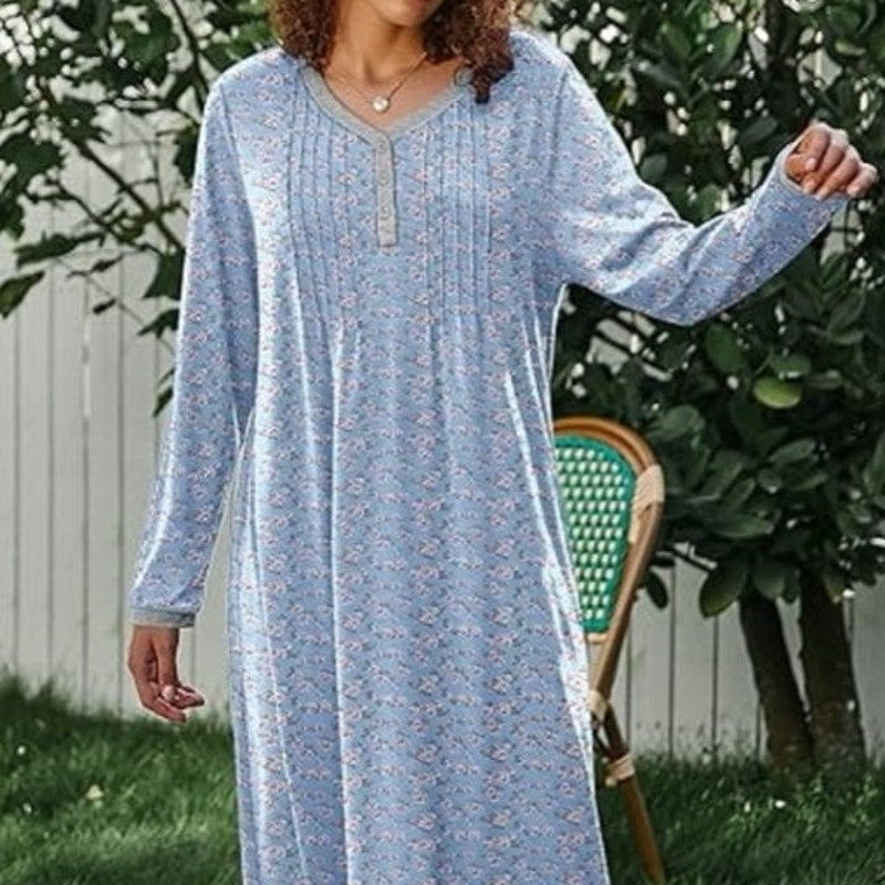 NWT ~ Light Blue Floral Long Sleeve Full Length Nightgown Sleep Dress ~ Size XL