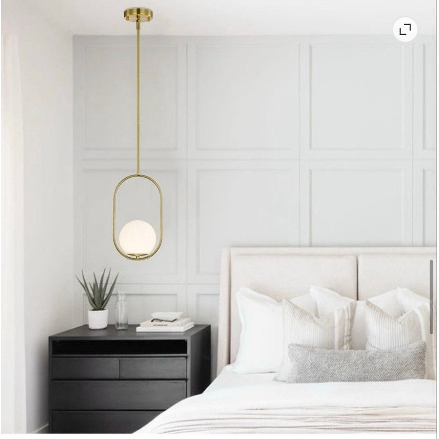BRAND NEW ~ MCM Modern Gold Pendant Light Fixture 5.9" Globe Opal Glass Shade