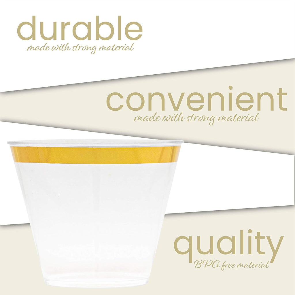BRAND NEW ~ Set/200 ~ 9 oz Disposable Gold Rim Plastic Old Fashioned Party Cups