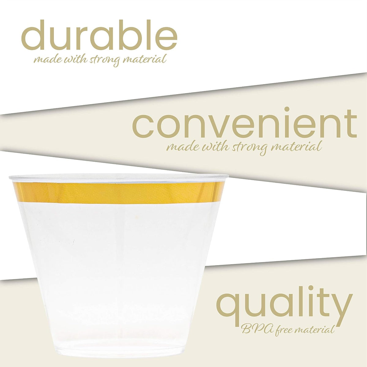 BRAND NEW ~ Set/200 ~ 9 oz Disposable Gold Rim Plastic Old Fashioned Party Cups