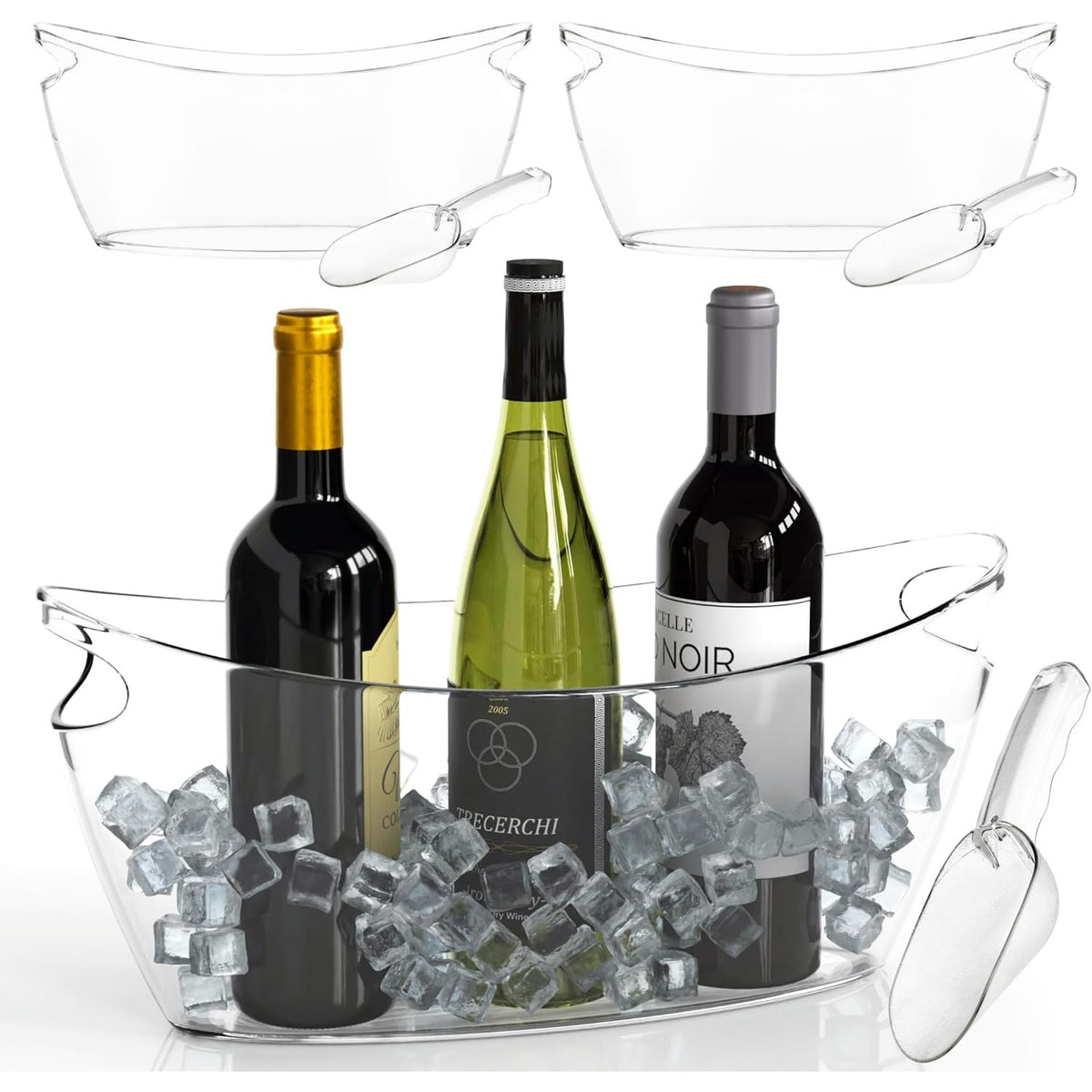 BRAND NEW ~ Set/3 Large Clear Ice Buckets Party Beverage Tub w/ Handles & Scoop