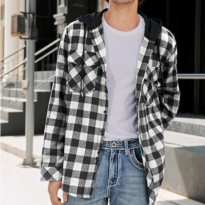 NWT ~ Men's White & Black Cotton Flannel Long Sleeve Hoodie Button Shirt ~ 2XL