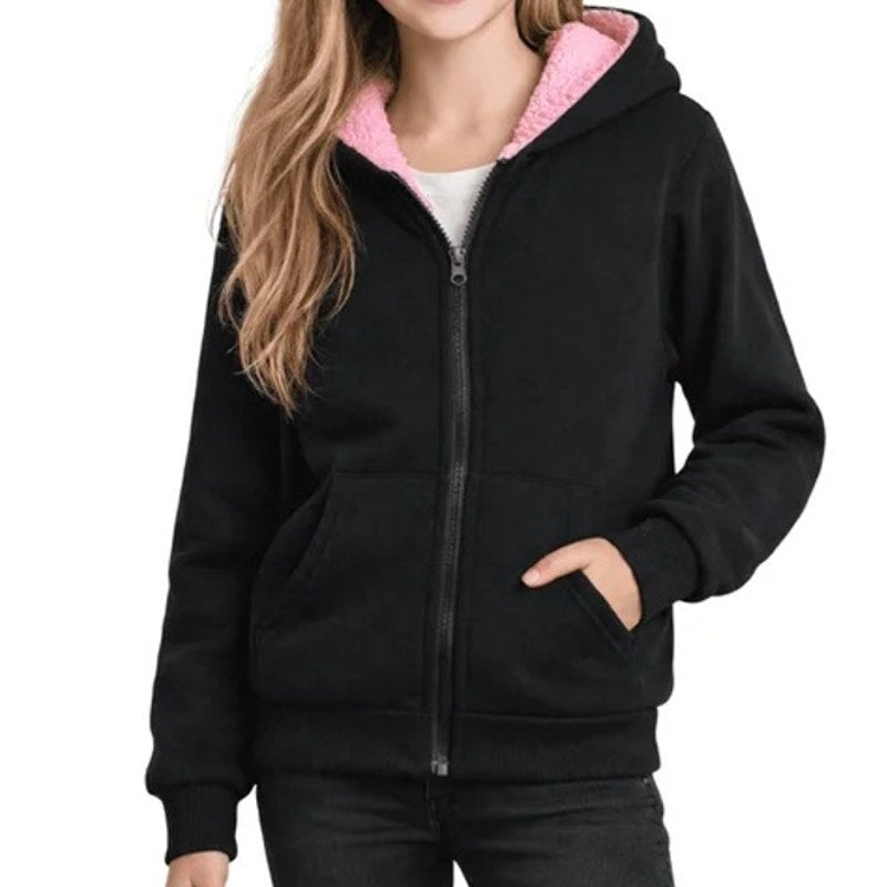 NWT Coney Island Girls Black Full Zip Hoodie Pink Sherpa Lining Sweatshirt ~ 5/6