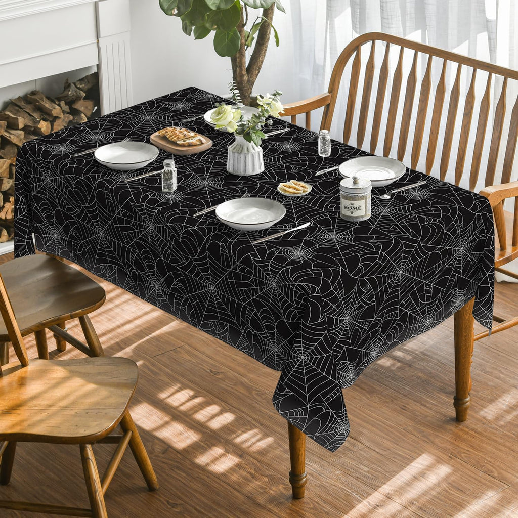 NWT ~ Halloween Black & Metallic Silver Spider Webs Rectangular Tablecloth