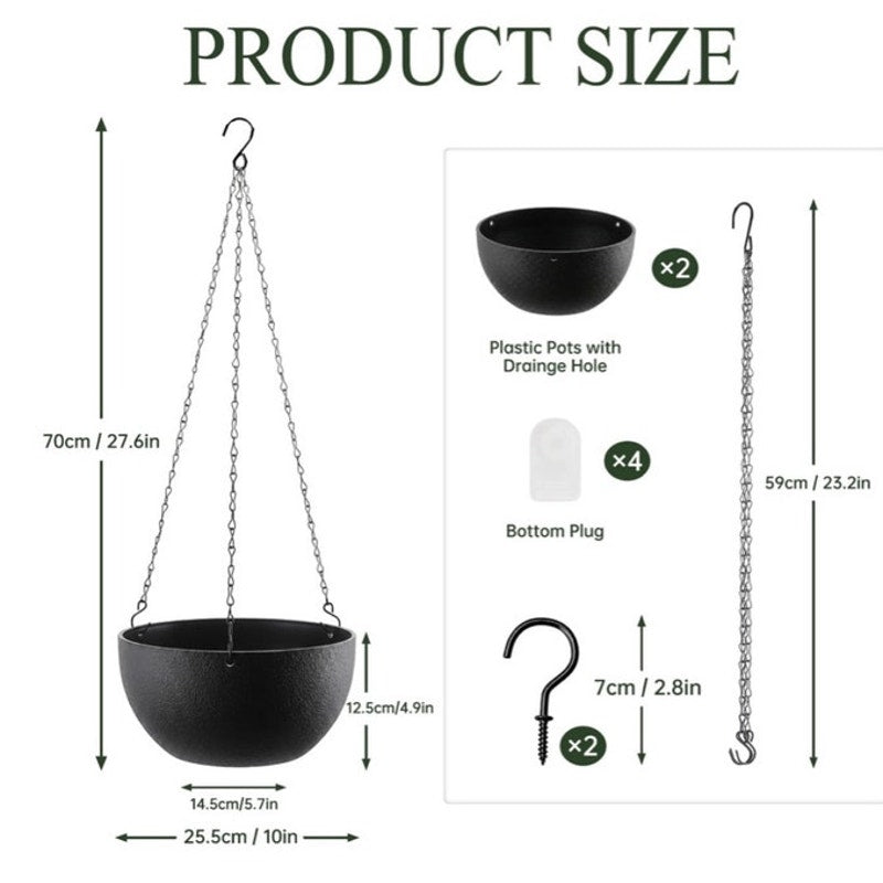 BRAND NEW ~ Set/2 Hanging Black Textured Planters Baskets Pots Chains & S-Hooks