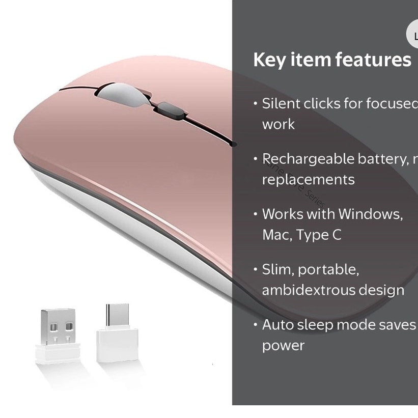 BRAND NEW ~ Rose Gold Wireless Rechargeable Optical Slim Silent Mouse & USB