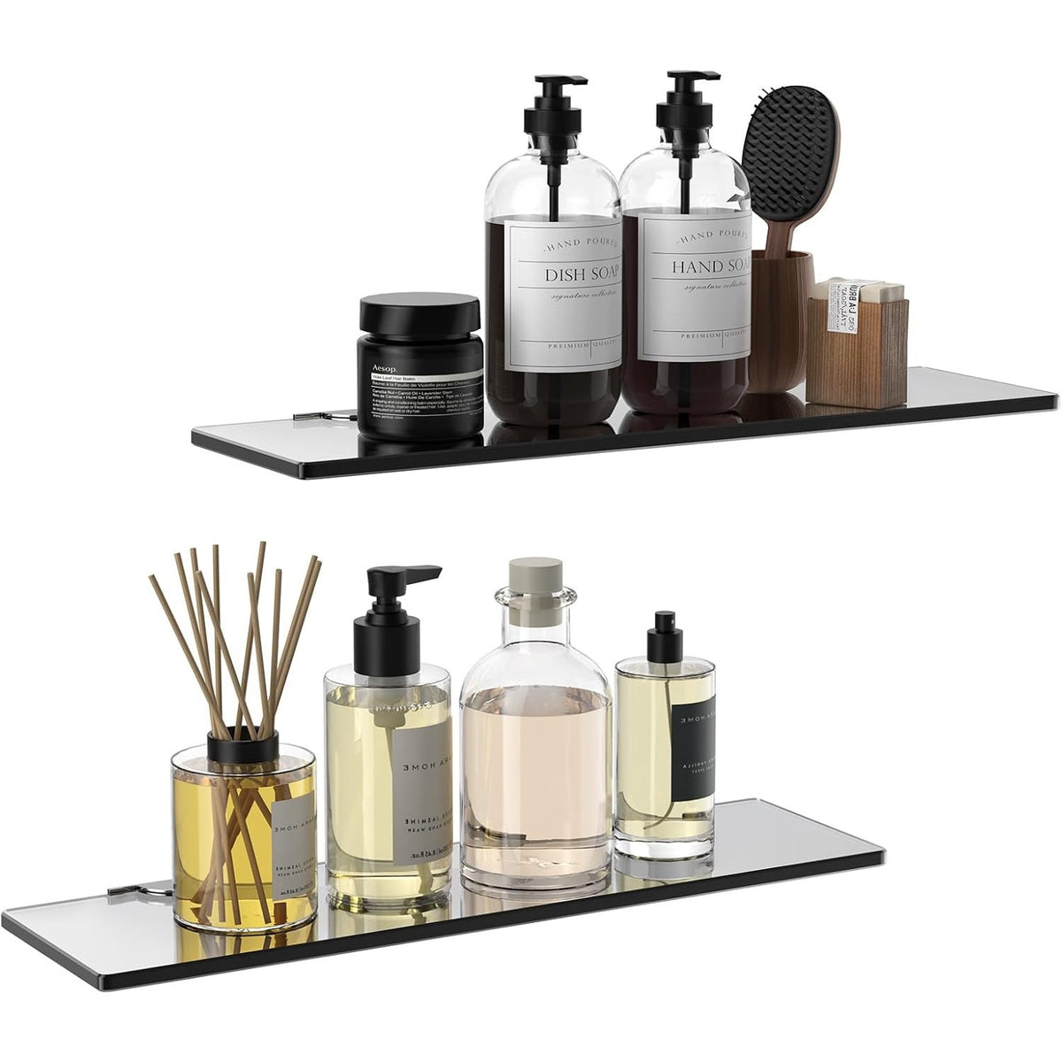 NWT ~ Set/2 Smokey Gray Black Glass Floating Shelves Modern Farmhouse Bathroom