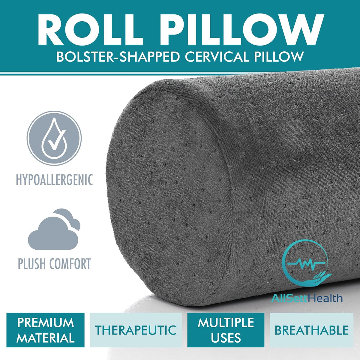 BRAND NEW ~ Gray Round Cervical Roll Cylinder Bolster Pillow & Removable Cover