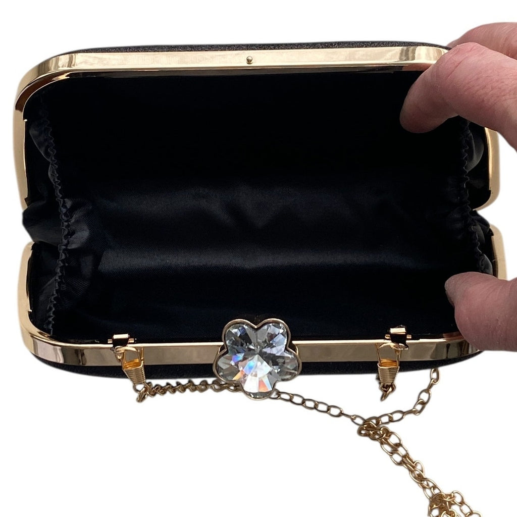 NWT Sparkly Black Glitter Clutch Crossbody Shoulder Bag Hardshell Evening Purse