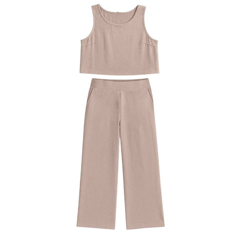 NWT ~ Women's Light Khaki 2pc Summer Sleeveless Cropped Top & Wide Leg Pants ~ S