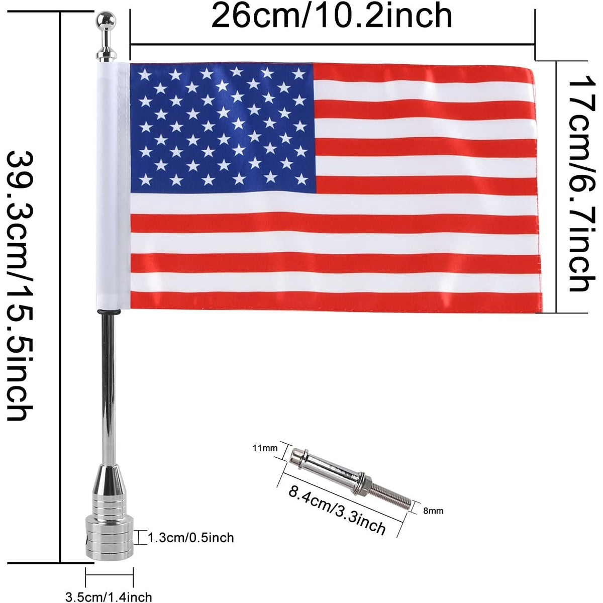 BRAND NEW ~ Set/2 Universal Motorcycle Flagpoles Mounts & American Flags USA