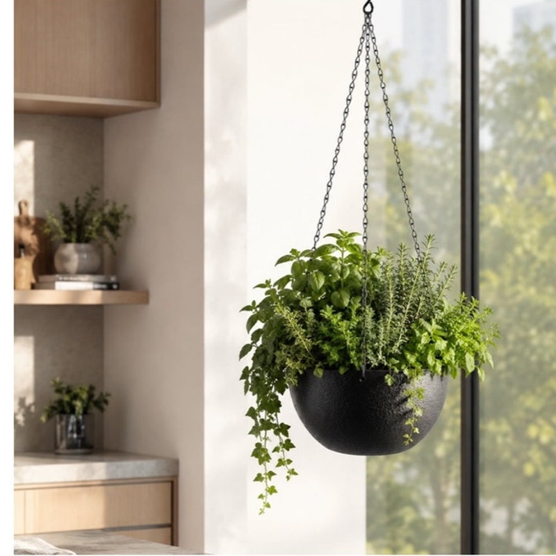 BRAND NEW ~ Set/2 Hanging Black Textured Planters Baskets Pots Chains & S-Hooks