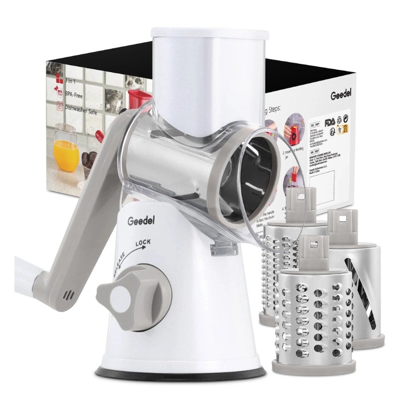 BRAND NEW ~ Geedel Kitchen Rotary Cheese Grater & Vegetable Slicer & 3 Blades