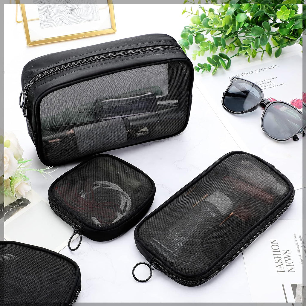 BRAND NEW ~ Set/4 Black Mesh Makeup Toiletries Zipper Travel Bags Luggage Pouch