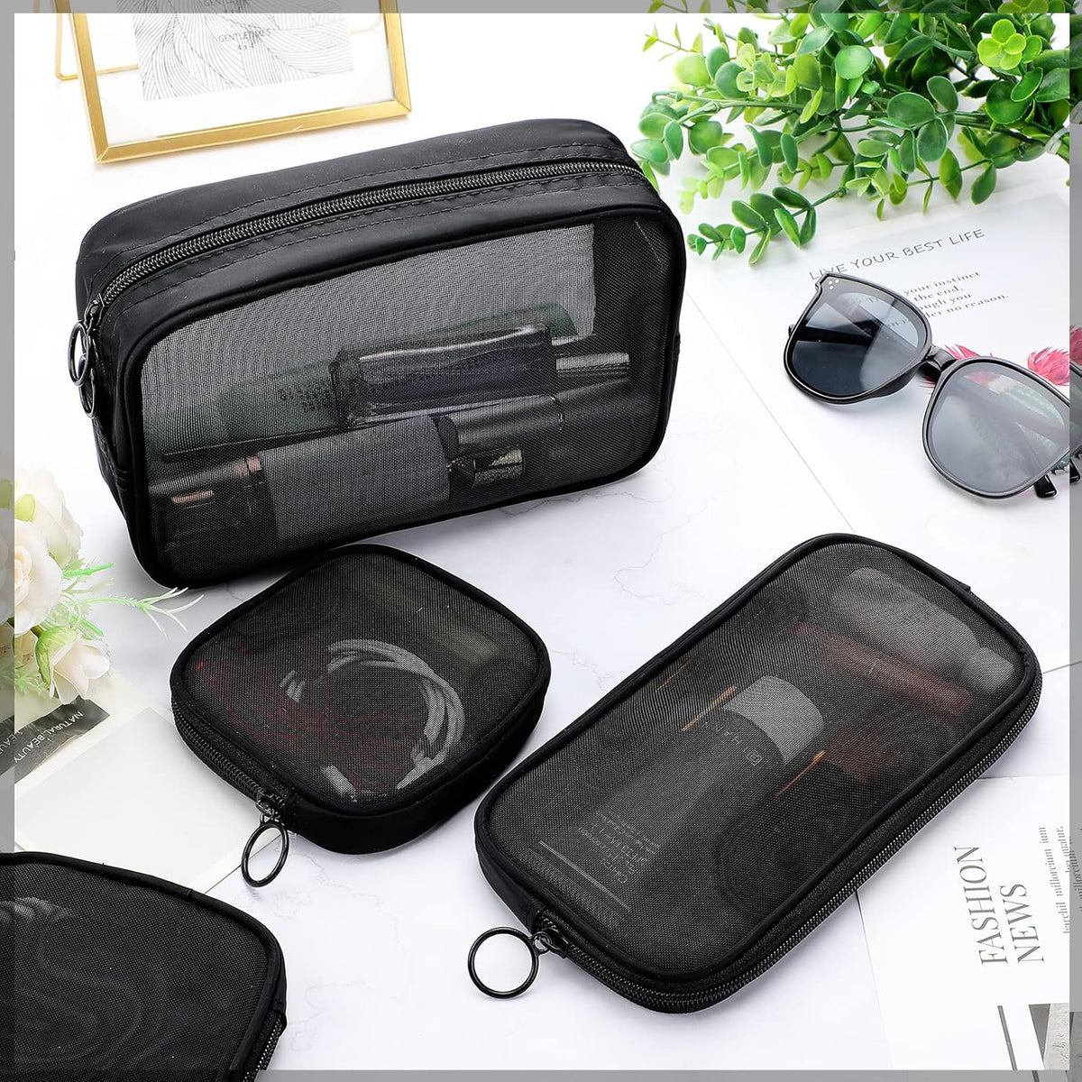 BRAND NEW ~ Set/4 Black Mesh Makeup Toiletries Zipper Travel Bags Luggage Pouch