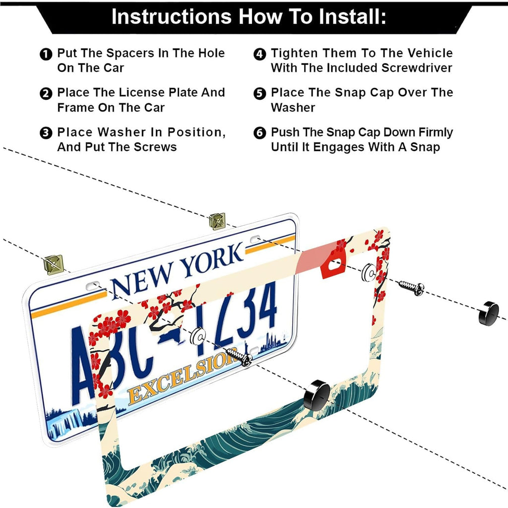 BRAND NEW ~ Set/2 Waves Cherry Blossom Stainless Steel License Plate Frames