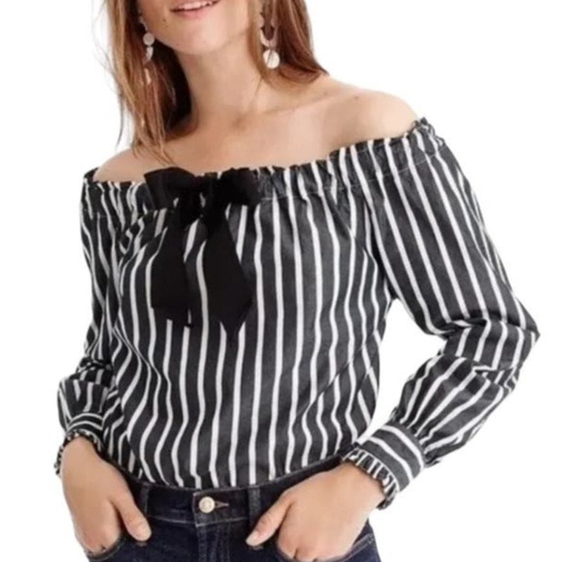 NWT ~ J.CREW Off The Shoulders Black & White Striped Blouse ~ Women's Size XXS