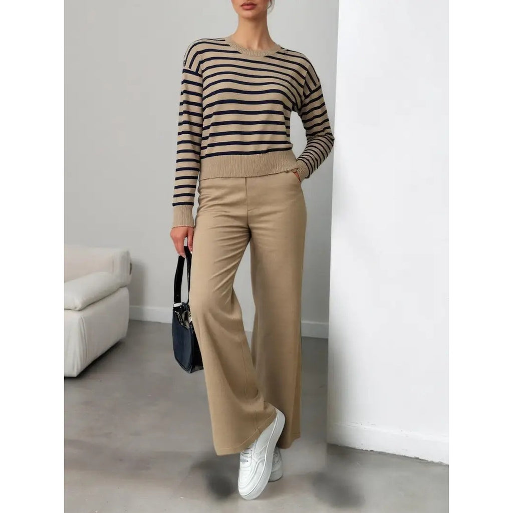 NWT ~ Women's Tan & Black Striped Casual Knit Pantsuit Sweater Set ~ Size MEDIUM