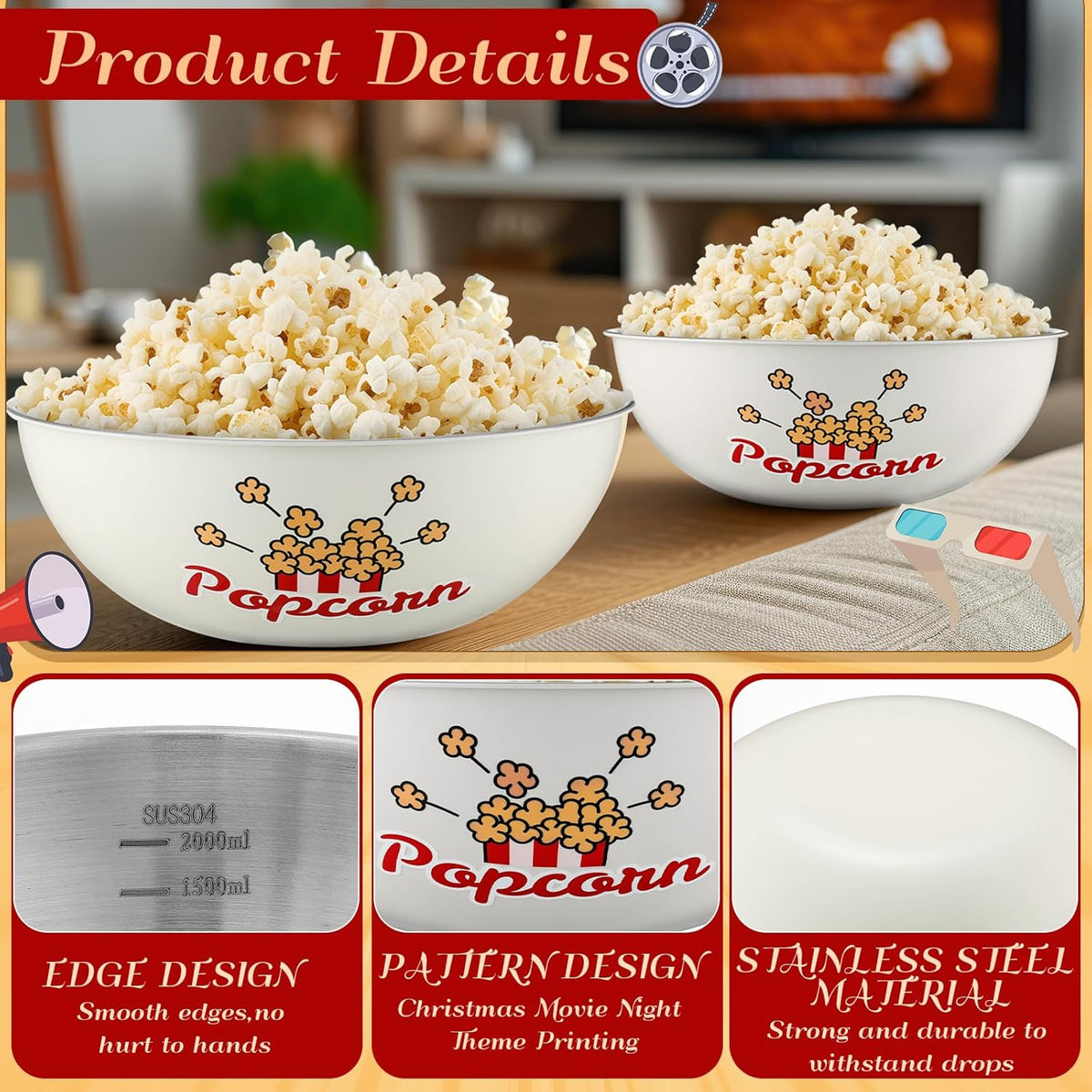 BRAND NEW ~ Set/2 Stainless Steel Red & White 3qt Metal Popcorn Serving Bowls