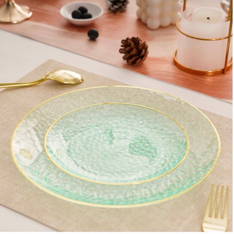 BRAND NEW ~ Set/197 Clear Green Hammered Plastic Plates with Gold Rim ~ 7" & 10"
