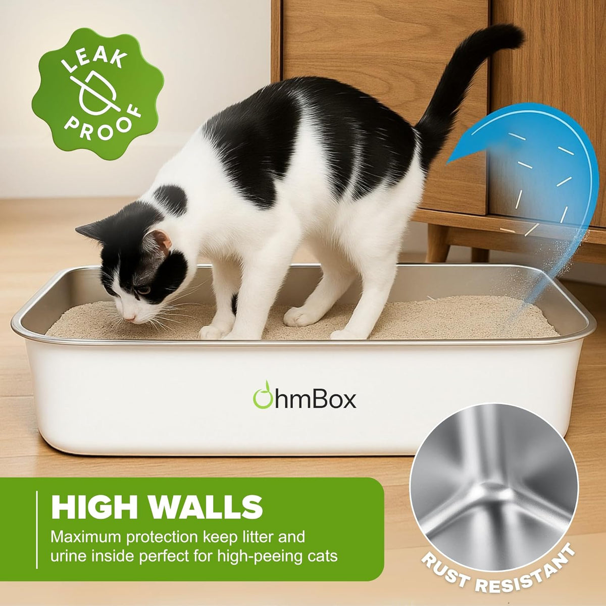BRAND NEW ~ OHM Stainless Steel Rust Proof Metal NonSlip White XL Cat Litter Box