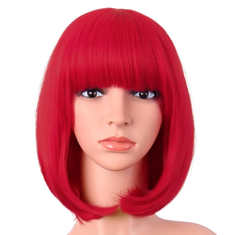 BRAND NEW ~ Bright RED 12" Short Straight Synthetic Flat Bangs Bob Wig