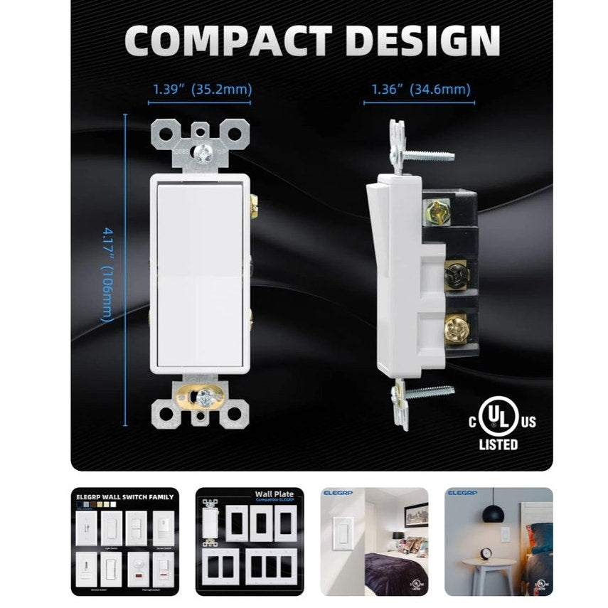 BRAND NEW ~ Set/8 ELEGRP 4-Way Decorative Light Switch 15A 120/277V Self Ground