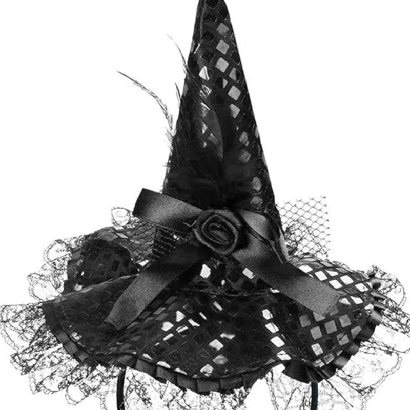 BRAND NEW ~ Black Halloween Witch Hat Headband with Sequins Lace Ribbon Cosplay
