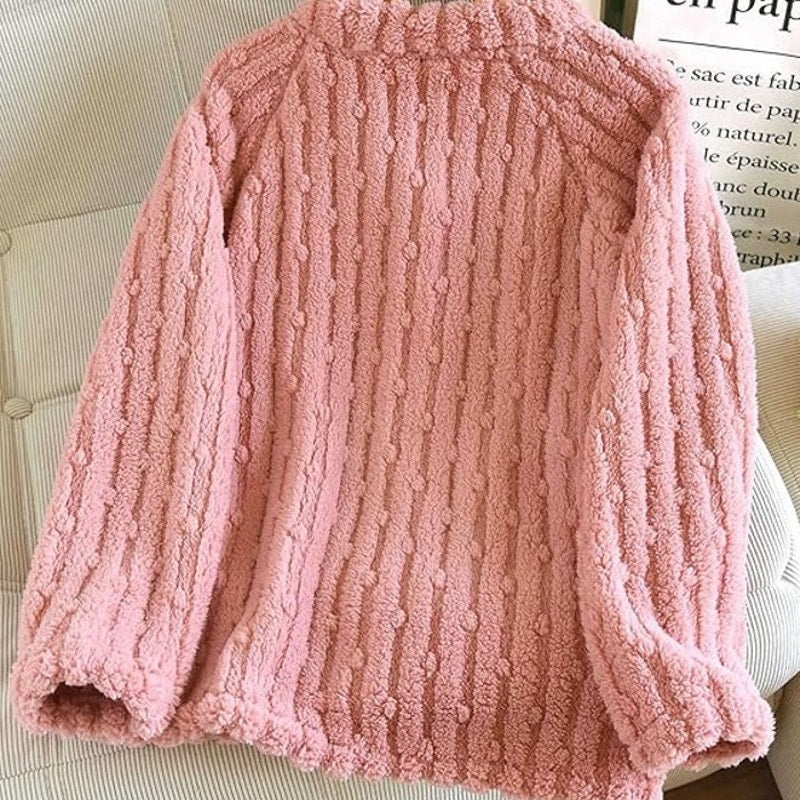 NWT ~ Women's Thick Pink Furry Button Up & Front Pockets Sweater ~ Size LARGE