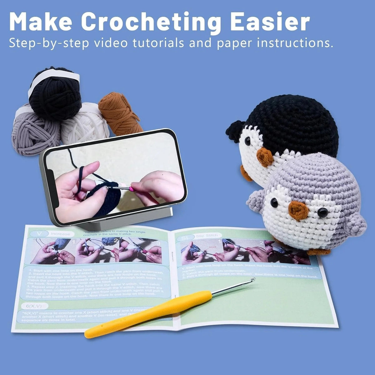BRAND NEW ~ Set/2 Penguin Crochet Kit ~ Beginners Crocheting Adults & Kids