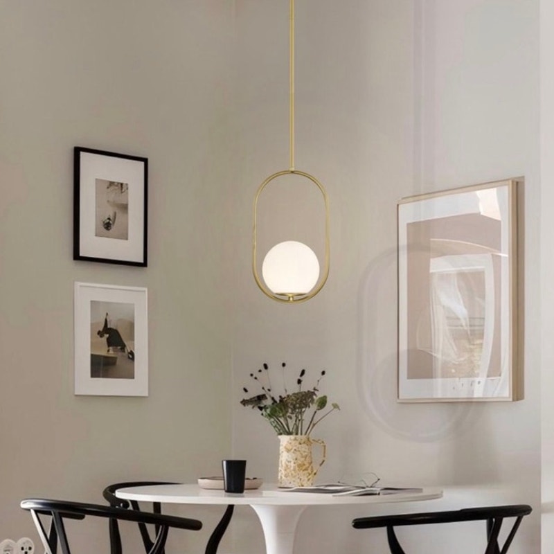 BRAND NEW ~ MCM Modern Gold Pendant Light Fixture 5.9" Globe Opal Glass Shade