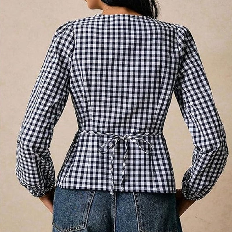 NWT ~ Women's Blue & White Gingham Long Sleeve Blouse ~ Size LARGE