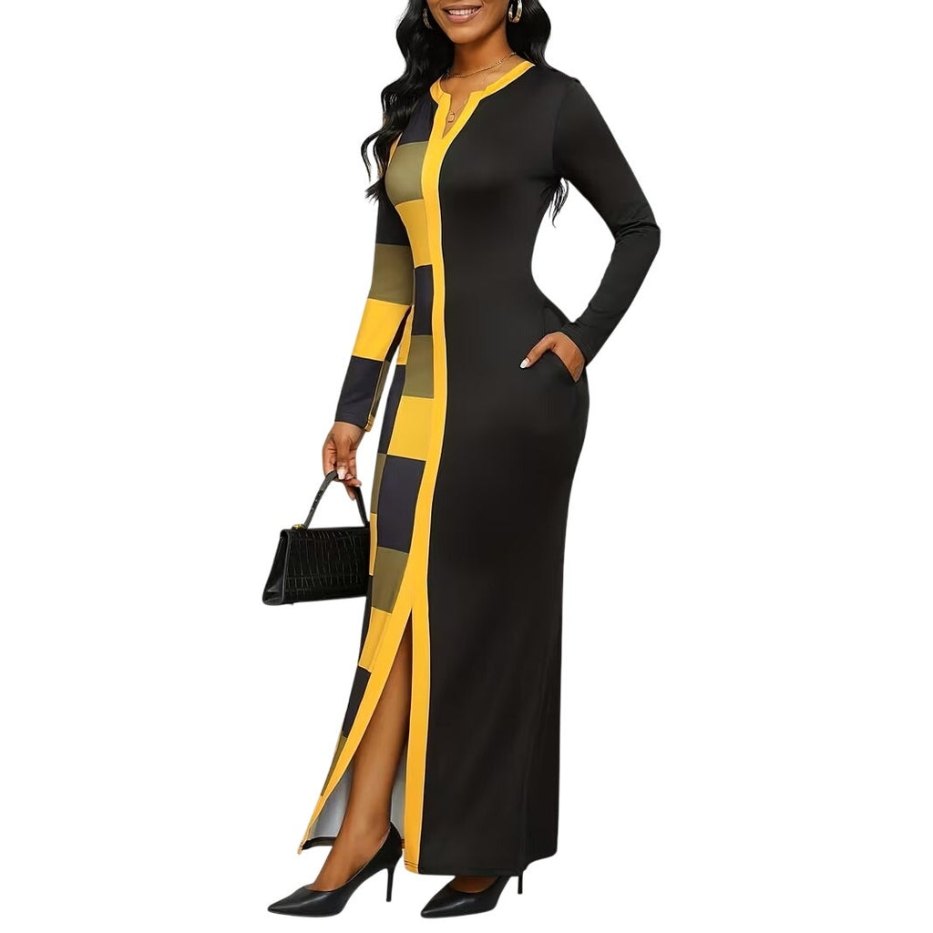 NWT ~ Long Black & Yellow Sexy Colorblock Bodycon Pockets Maxi Dress Women's XXL