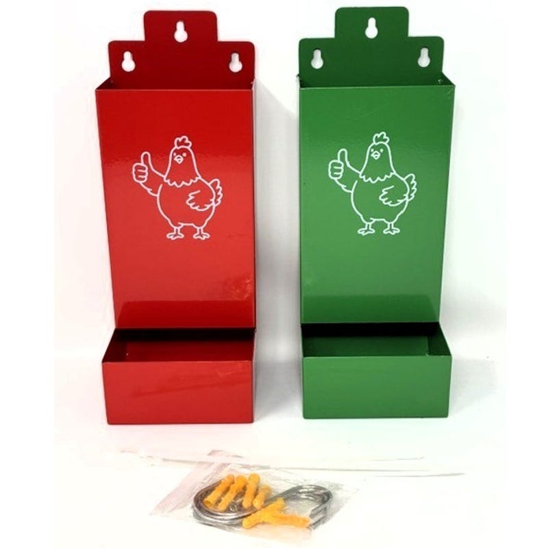 BRAND NEW ~ Set/2 Bright Red & Green Metal Chicken Coop Feeders with Hangers