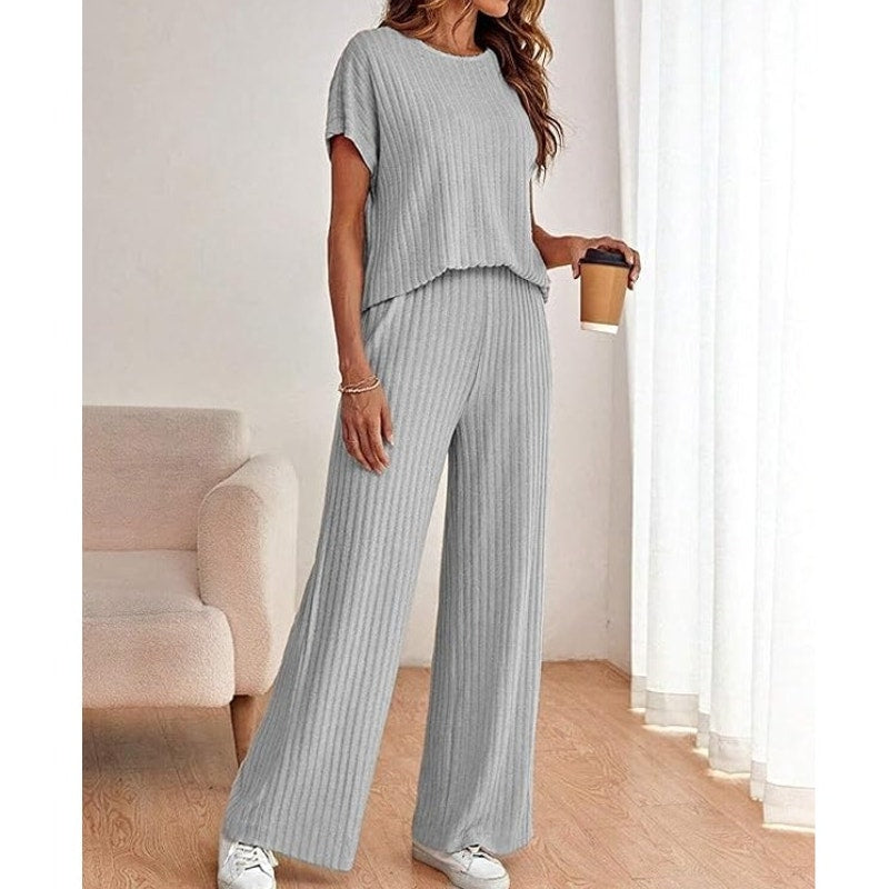 NWT ~ Gray 2pc Ribbed Knit Crewneck Sleeveless Pantsuit Outfit Set ~ Women's MED
