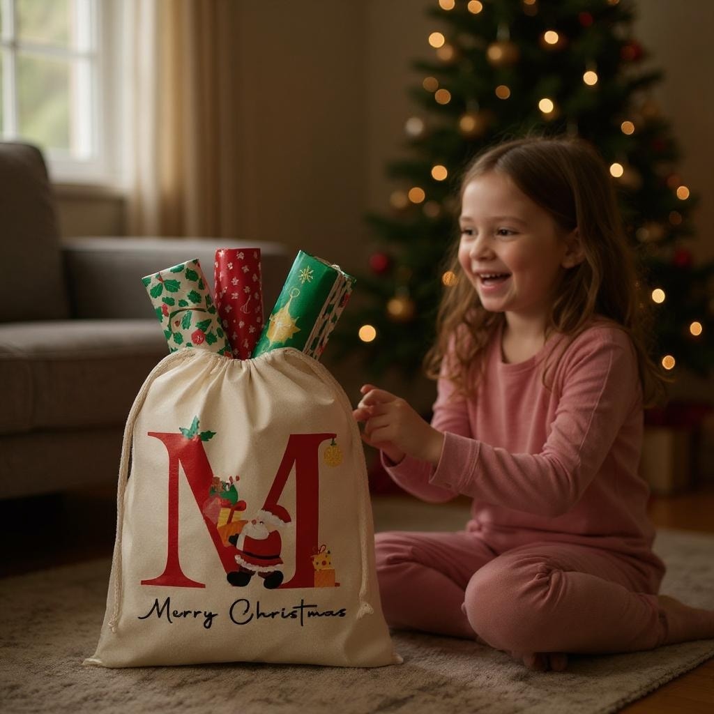 NWT ~ Christmas Santa Claus Monogram "M" Canvas Gift Sack Bag ~ 15" x 13"