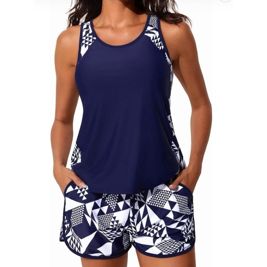 NWT ~ Tummy Control Two-Piece Tankini Swimsuit Sporty Swim Shorts Pockets ~ 12