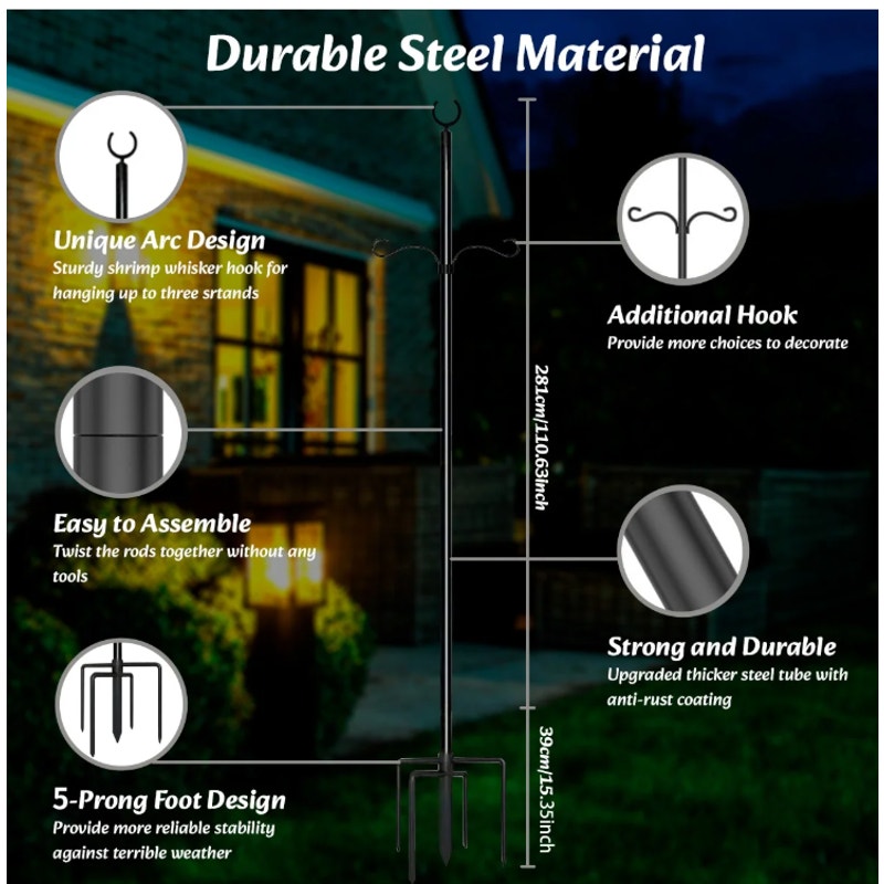 BRAND NEW ~ Set/2 ~ 11ft Outdoor Metal String Light Poles Patio Lighting & Hooks
