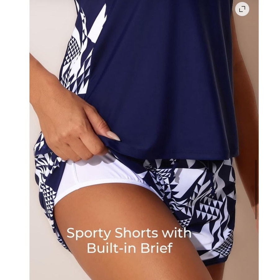 NWT ~ Tummy Control Two-Piece Tankini Swimsuit Sporty Swim Shorts Pockets ~ 12