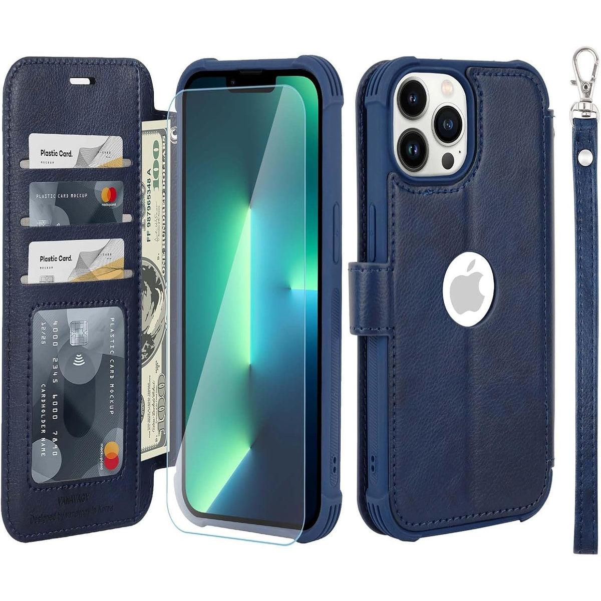 NWT ~ Dark Blue iPhone 13 Pro Wallet & Wrist Strap Card Holder Cellphone Case