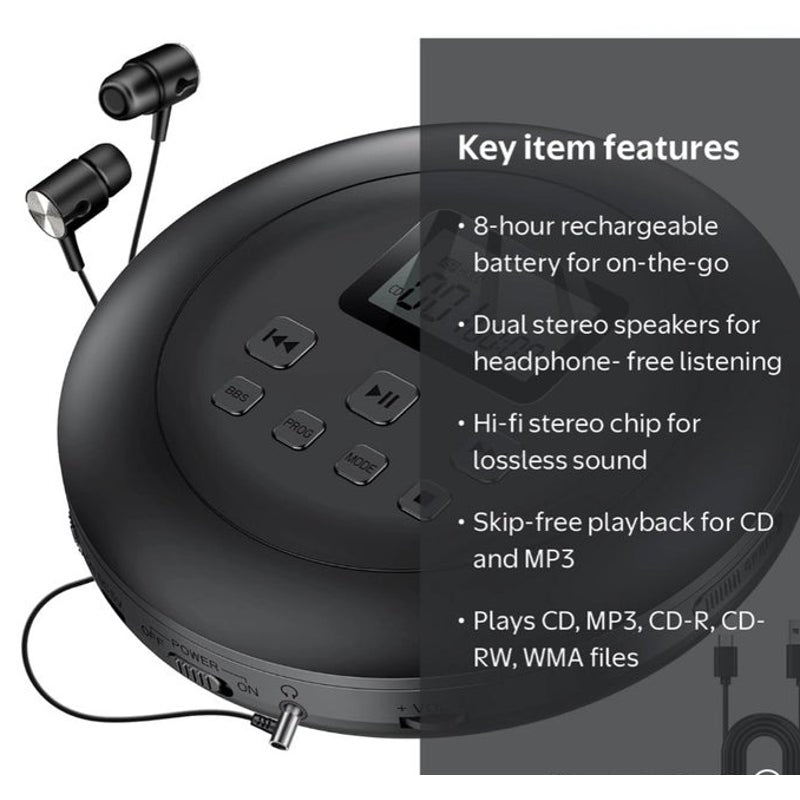 BRAND NEW ~ Black Rechargeable Portable CD Player Dual Stereo Speakers Walkman