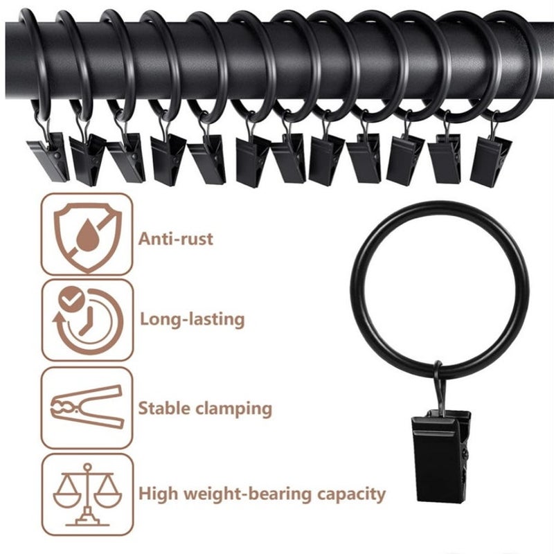 BRAND NEW ~ Set/46 Black Metal Curtain Rings & Clips Drapes Rod 1" Interior Diam