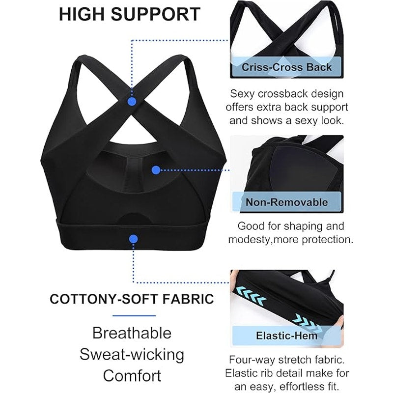 NWT ~ Women's Black High Support Yoga Criss Cross Back Sports Bra ~ Size LARGE