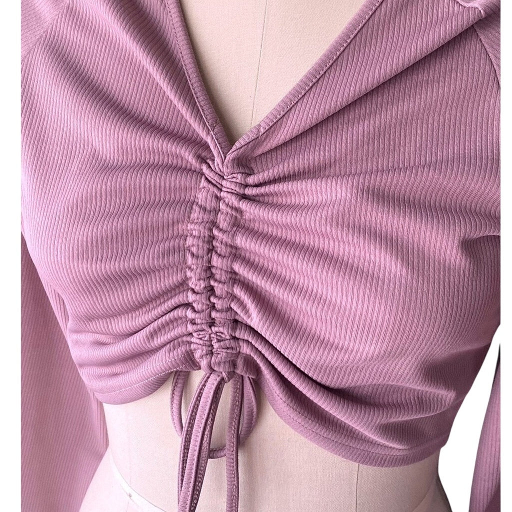 NWT ~ ROMWE Pink Ribbed Front Tie Cropped Long Sleeve Top ~ Women's Size LARGE