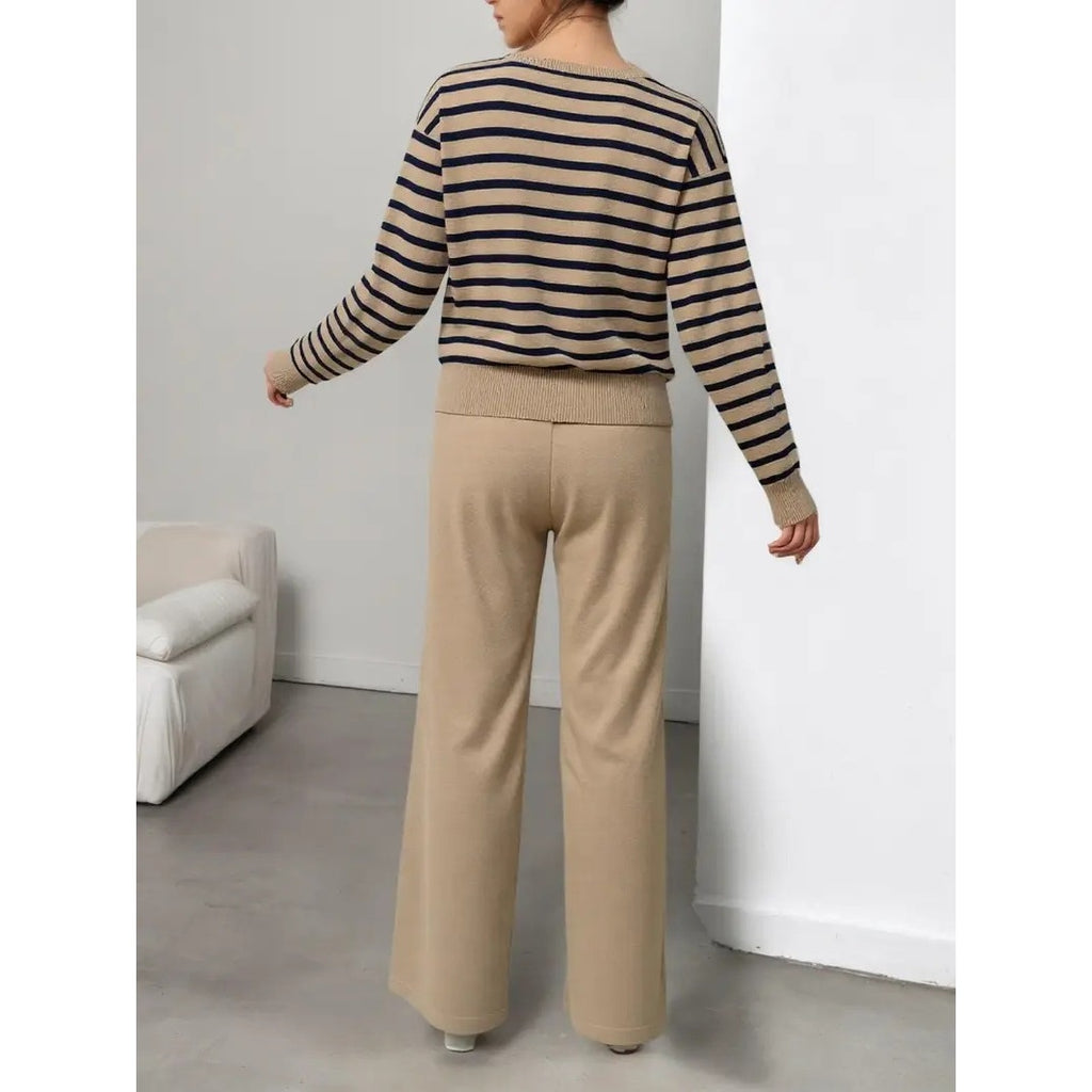 NWT ~ Women's Tan & Black Striped Casual Knit Pantsuit Sweater Set ~ Size MEDIUM