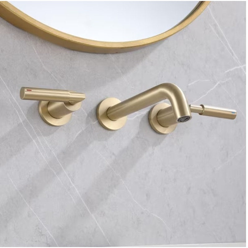 BRAND NEW ~ Brushed Gold Double Handle Wall Mounted Bathroom Faucet Modern 3-Hole Brass Taps