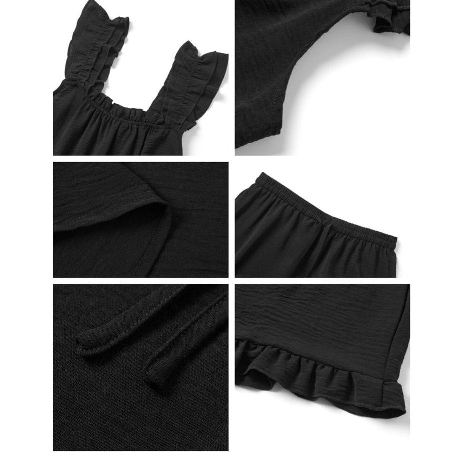 NWT ~ Women's Black Summer 2 Piece Ruffle Tank Top & Shorts Pajamas Set ~ MEDIUM