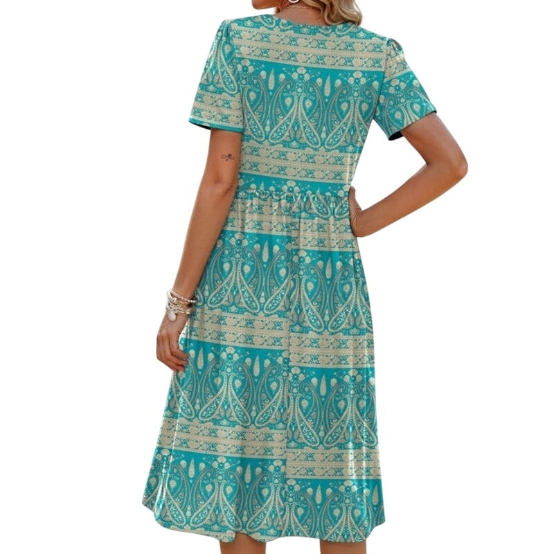 NWT ~ Women's Green & Beige Summer Casual S/S T-Shirt Midi Beach Dress ~ MEDIUM