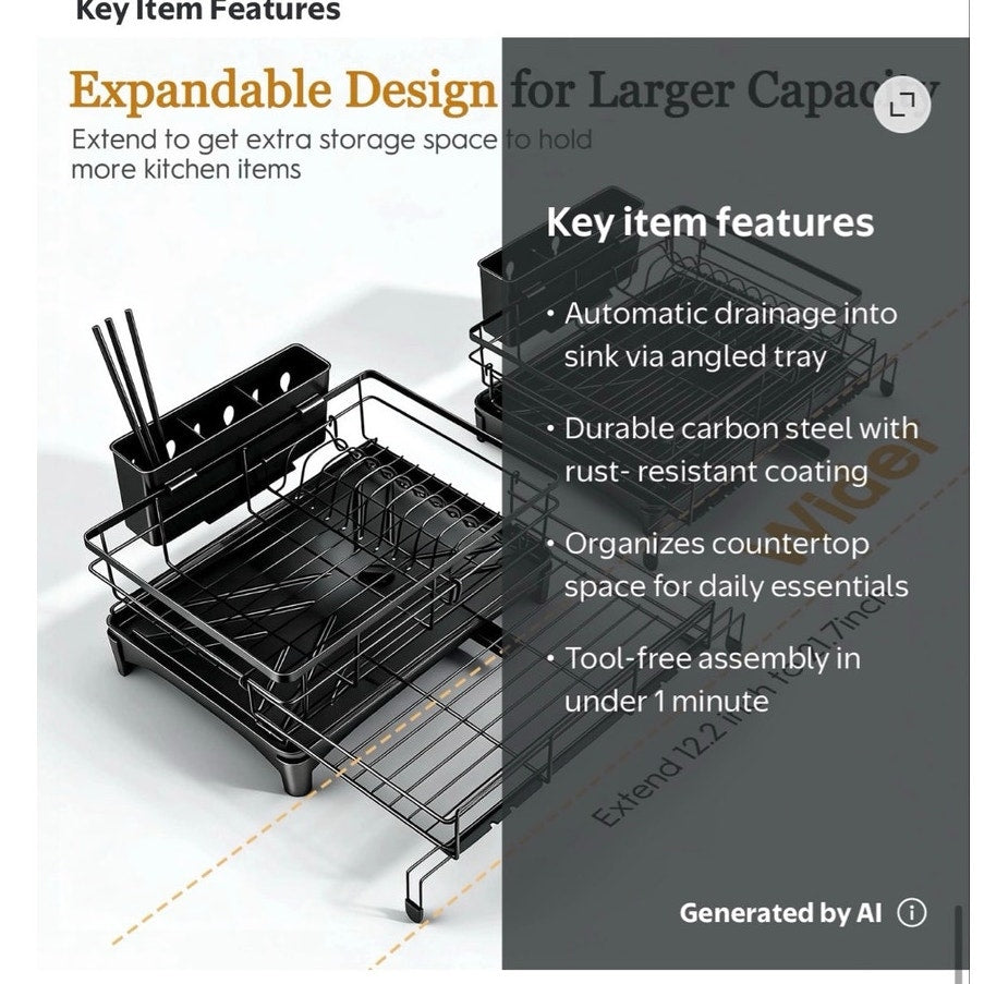 BRAND NEW Black Stainless Steel Rust Proof Expandable Capacity Dish Drying Rack