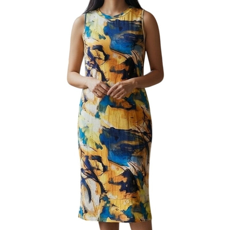 NWT ~ Blue & Yellow Sleeveless Casual Midi Dress ~ Women's Plus Size XXL